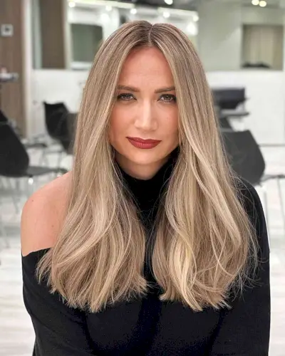Long Blunt Blonde Balayage with a Center Part for Women with long blonde hair