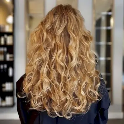 blunt cut long hair with layered curls