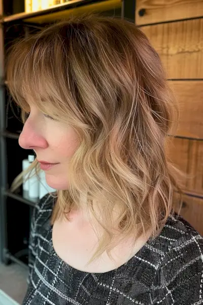 Layered Lob Haircut with Blonde Highlights and Natural Wave