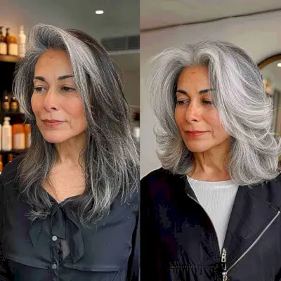 Gorgeous Grey Balayage Layered Lob for straight hair