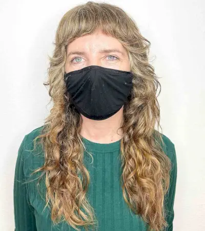 Curly Long Textured Shag with Razored Layers and Micro Bangs