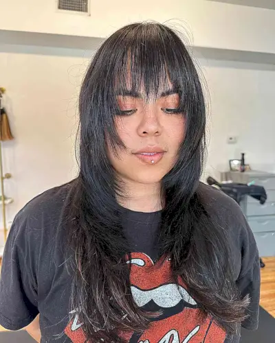 Long Face-Framing Straight Layered Shag with Bangs on Ladies with Fuller Face Shapes