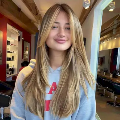 Long Layered Hair with Bangs for Round Faces