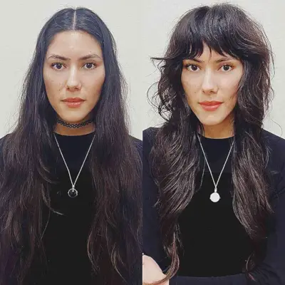 Long Shaggy Wolf Style with Bangs for women with diamond shaped faces