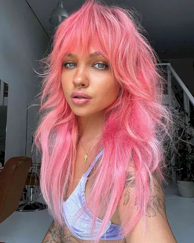 Cool Long Pink Shag with Fringe for women with heart shaped faces