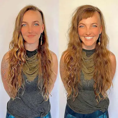 Blunt Angled Bangs and Shaggy Layers on Long Hair for women with an edgy style