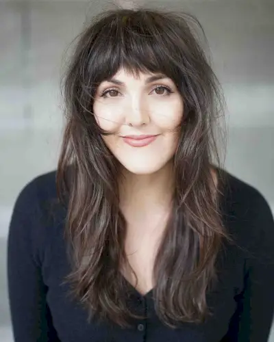 Longer Brunette Shag with Carved Bangs