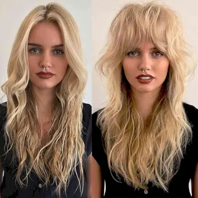 Blonde Long Shag with Fringe with texture and lived-in waves