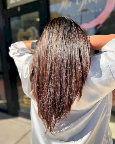 Long Auburn V-Shaped Cut with Straight Layers and Dark Roots