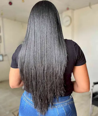 Very Long Sleek Black V-Cut Hair on Straighter Locks