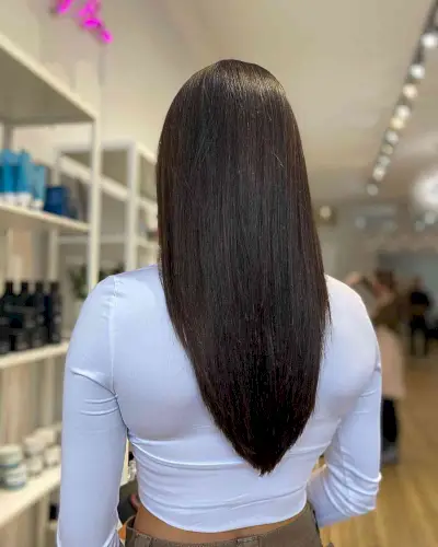 Thick Angled V-Shaped Haircut for Long-Length, Dark Hair