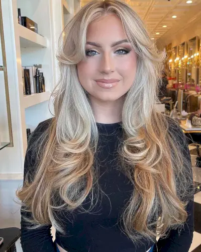 Long Curtain Fringe on Layered Blonde Hair