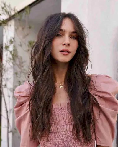 Dark Chestnut Long Hair with Center Part Fringe