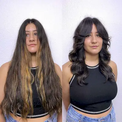 Soft Curtain Fringe on Dark, Wavy Hair