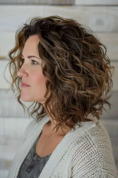 Stacked bob haircut highlighting natural curly texture with balayage