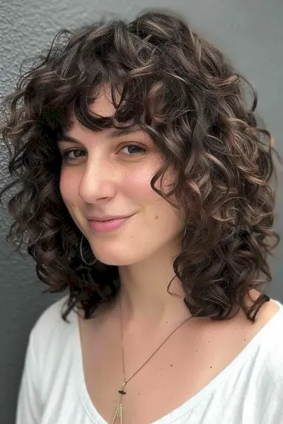 long curly bob with bangs