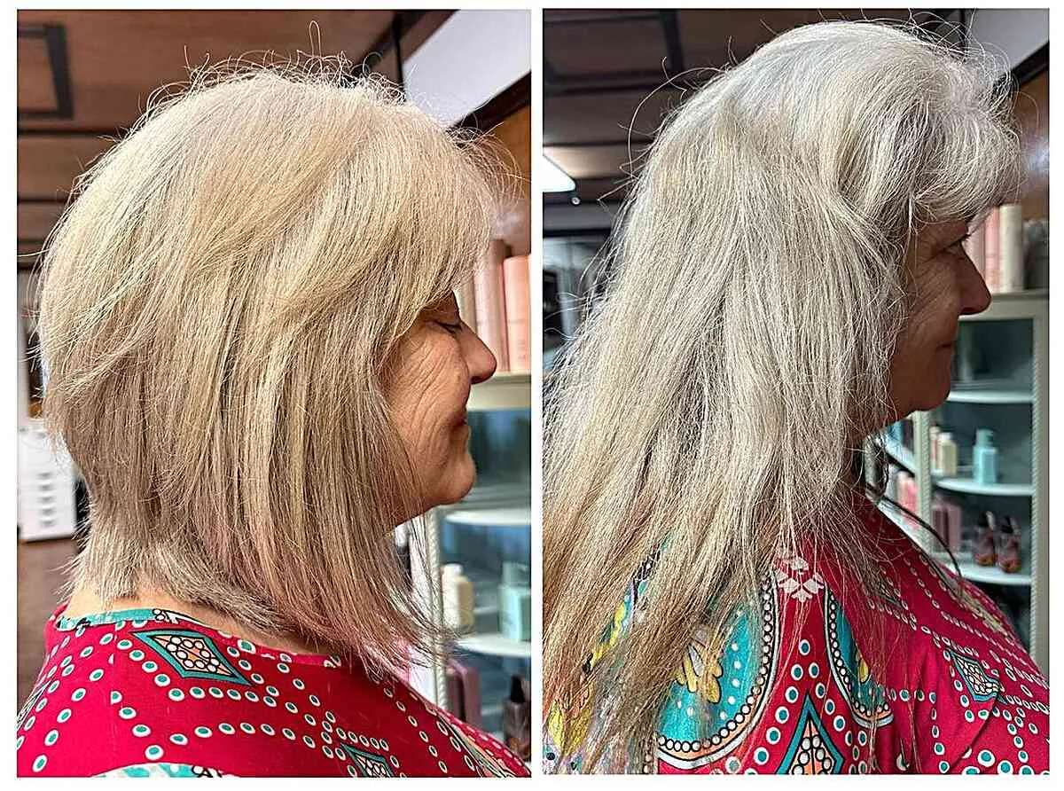 Skulderlang Bob med synlige lag for kvinner med blondt hår' title=