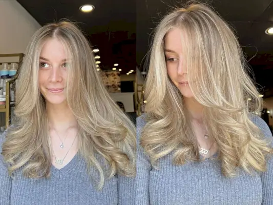 Long-Length Middle Part Feathered Hairstyle with Wispy Layers