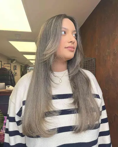 Middle-Parted Long Haircut with Front Feathered Layers