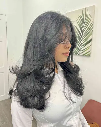 Short and Long Flipped-Up Feathered Layers on Dark Hair