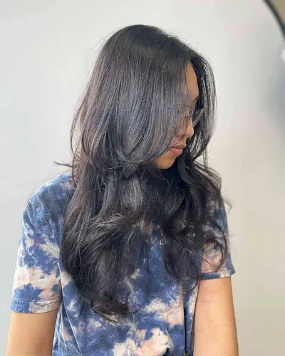 Long Feathery Layers with Middle Part on Dark Fine Hair