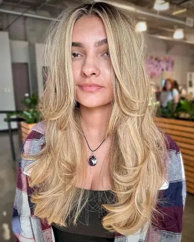Long-Length Summer Blonde Feathery Hair with Dark Roots