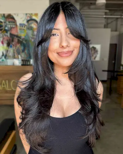 90s-Inspired Feathery Layers with Curtain Fringe for Long Dark Hair