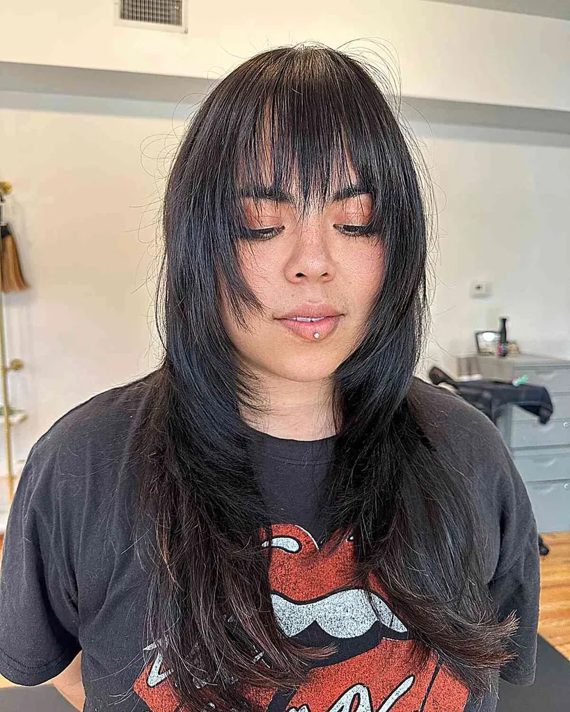 Pelusa larga en capas rectas que enmarca el rostro con flequillo en mujeres con formas de rostro más llenas' title=