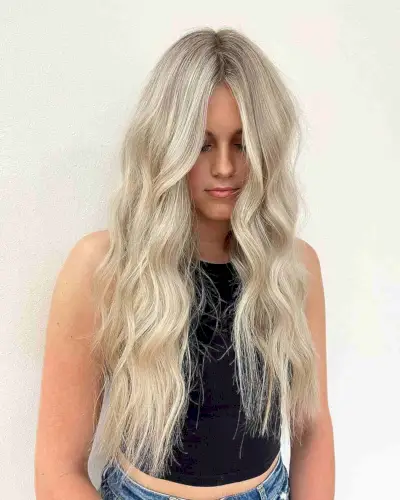 Trendy Long Blonde Wavy Hair with a Center Part