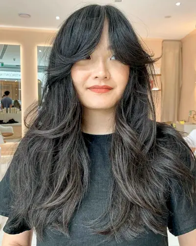 Straight Long Swoopy Layers with Bangs