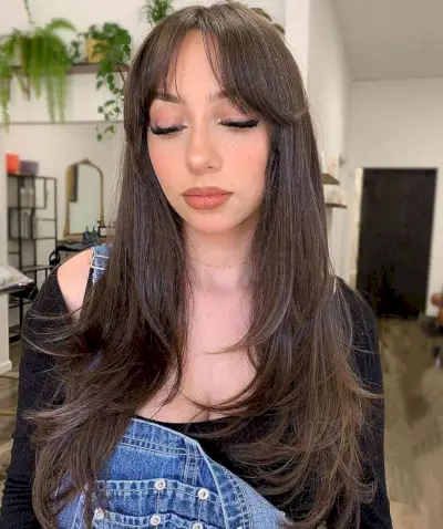 Long Brunette Hair with Wispy Bangs and Layers for Straight Hair