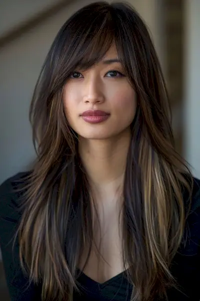 Layered long hair with wispy side bangs for Asian woman