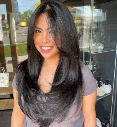 Long Straight Hair with Long Layering for Round Faces