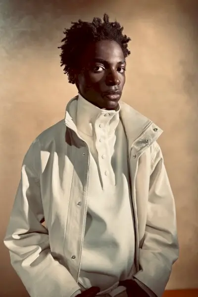 Neutralių spalvų paletę puošiantis Ahmedas Richardsas puošiasi kreminės spalvos odine striuke iš Zara Edition 2023 m. pavasario-vasaros kolekcijos.