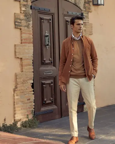 스마트 캐주얼 스타일을 수용한 Alexander Ardid가 Hockerty의 룩을 선보입니다.