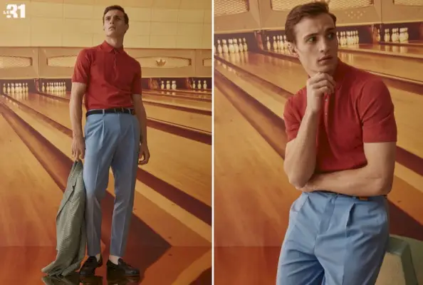 Arborant LE 31, Julian Schneyder présente un polo en maille soyeuse avec un pantalon en laine pastel et une ceinture tressée.