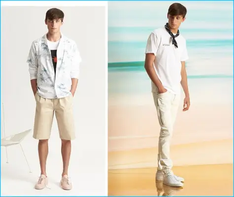 משמאל לימין: חולצה בהדפס Native Youth, מכנסי קפלים קצרים של Stussy, חולצה בהדפס Mairo Galaxy של Public School ונעלי סניקרס נמוכות מקוריות של Common Projects. טי כיס Stussy, מכנסיים לבנים לגמרי של מר ונעלי ספורט נמוכות של Common Projects מקוריות אכילס.