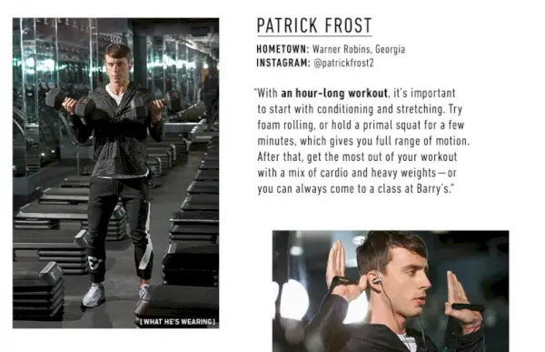 Patrick Frost má na sebe tričko Porsche Design Sport by Adidas Chill, zbaliteľné vetrovky Satisfy, nohavice s logom Y-3, slúchadlá B&O Play a tenisky APL: Athletic Propulsion Labs TechLoom Pro.