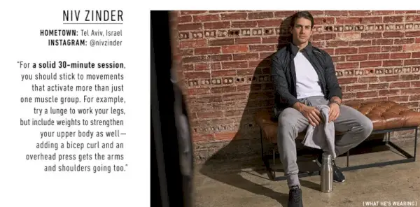 Niv Zinder má na sebe tričko Porsche Design Sport by Adidas, bundu s vysokým odrazom, tepláky a tenisky Endurance.