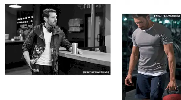 Zľava doprava: Matt Maggiacomo má tričko Rhone Element Active, strečové nylonové šortky Reigning Champ Sea to Sky Y-3 mix parka a slúchadlá Marshall Major II cez uši. Matt má oblečené technické tričko Rhone fuse, raglánové tričko Reigning Champ a športové šortky Porsche Design Sport by Adidas.