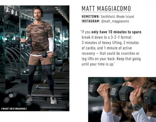 Matt Maggiacomo má na sebe Halo camo tech tričko a vytrvalostné pančuchy, Satisfy zbaliteľné dlhé tričko a šortky na krátke vzdialenosti, slúchadlá Marshall Major II cez uši, hodinky G-Shock GA-110 a tenisky APL: Athletic Propulsion Labs TechLoom Pro.