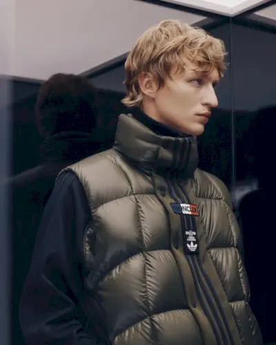Manekenka Nikita Stsjolokov nosi podložen brezrokavnik iz najlona Moncler x adidas Originals Bozon preko trenirke iz džersija z zadrgo s tremi črtami.