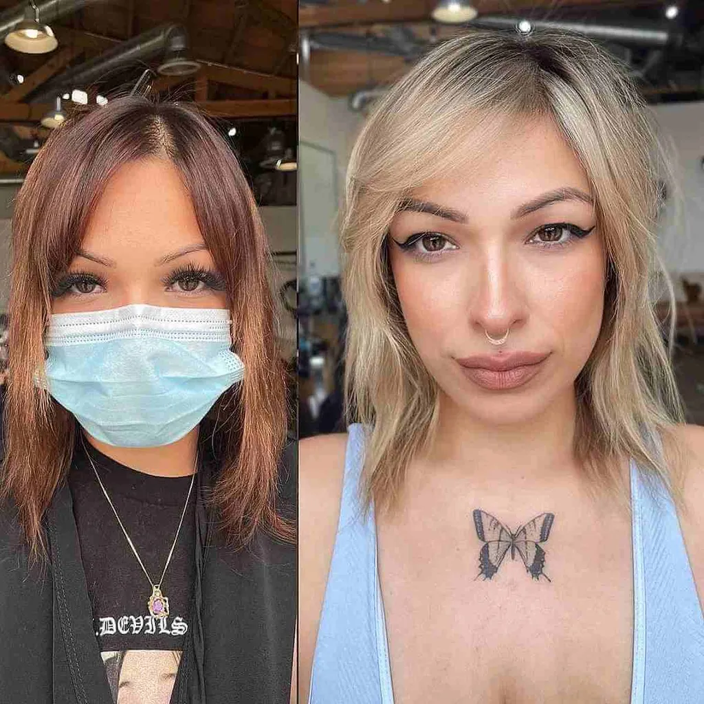 Bob largo y peludo con capas entrecortadas y flequillo lateral para caras redondas' title=