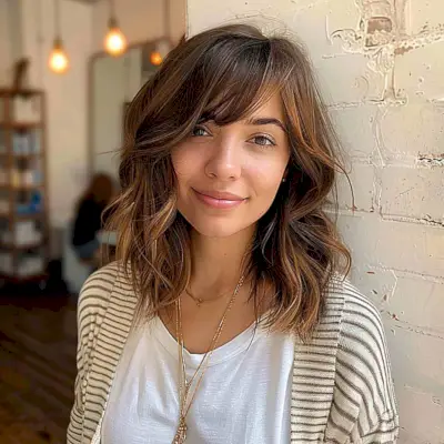 Trendsetting long wavy bob hairstyle with side bangs for round face shapes