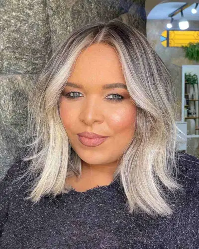 Mid-Length Low-Maintenance Rooted Blonde Lob for Round Faces