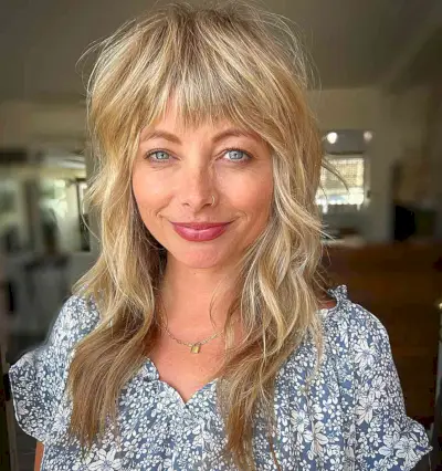 Mid-Length Iconic Shag Cut with Fringe for ladies with blonde hair