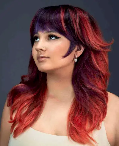 Edgy Red Medium Shag with Colored Bangs