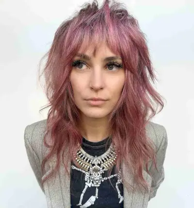 Medium Pink Punk Rock Shag Cut with Bangs