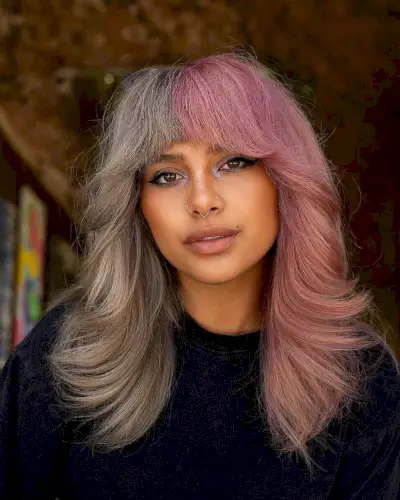 Mid-Length Half Pink and Half Silver Shag with Fringe 