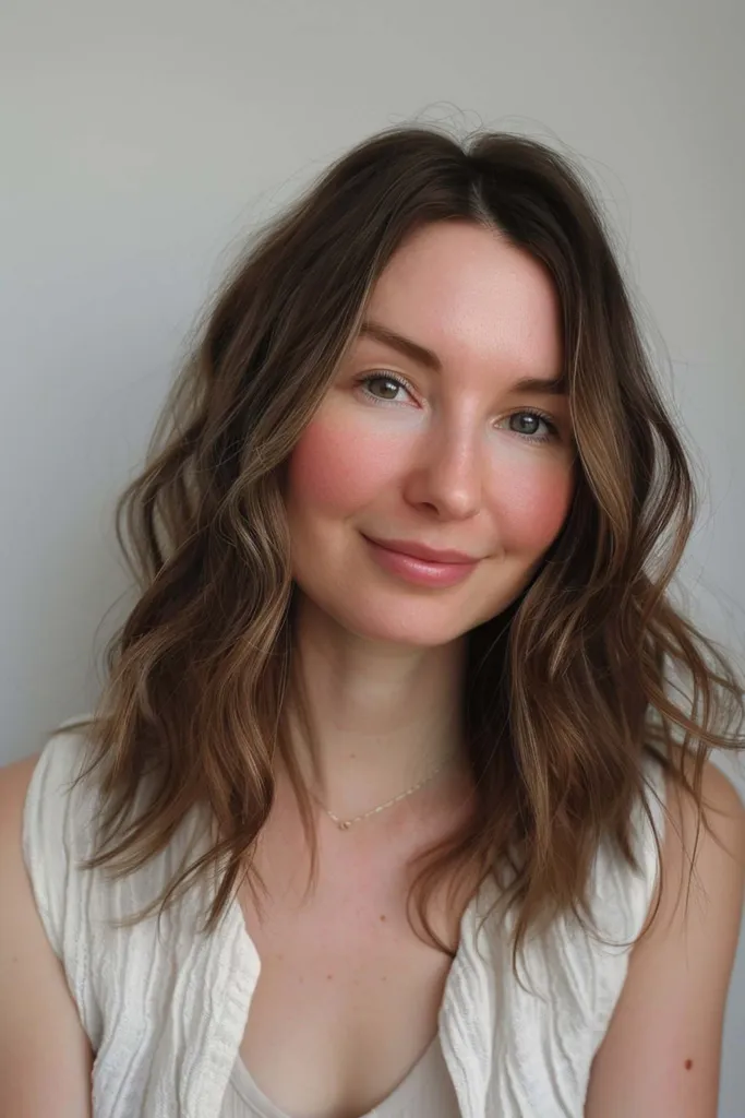 Coupe de cheveux mi-longue ébouriffée avec des vagues douces et des couches texturées idéale pour les visages ronds' title=